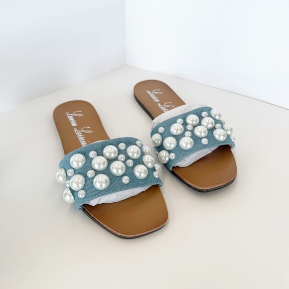 NWT Lauren Lorraine Nilo Pearl Denim Slides, Size 6 - Picture 6 of 11